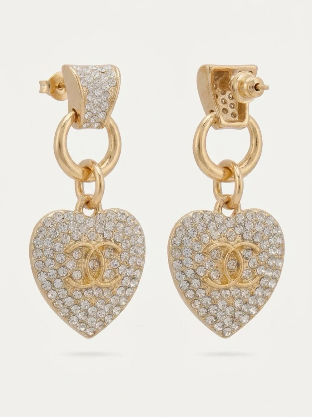Gold Heart Drop Earrings with Crystal Accents